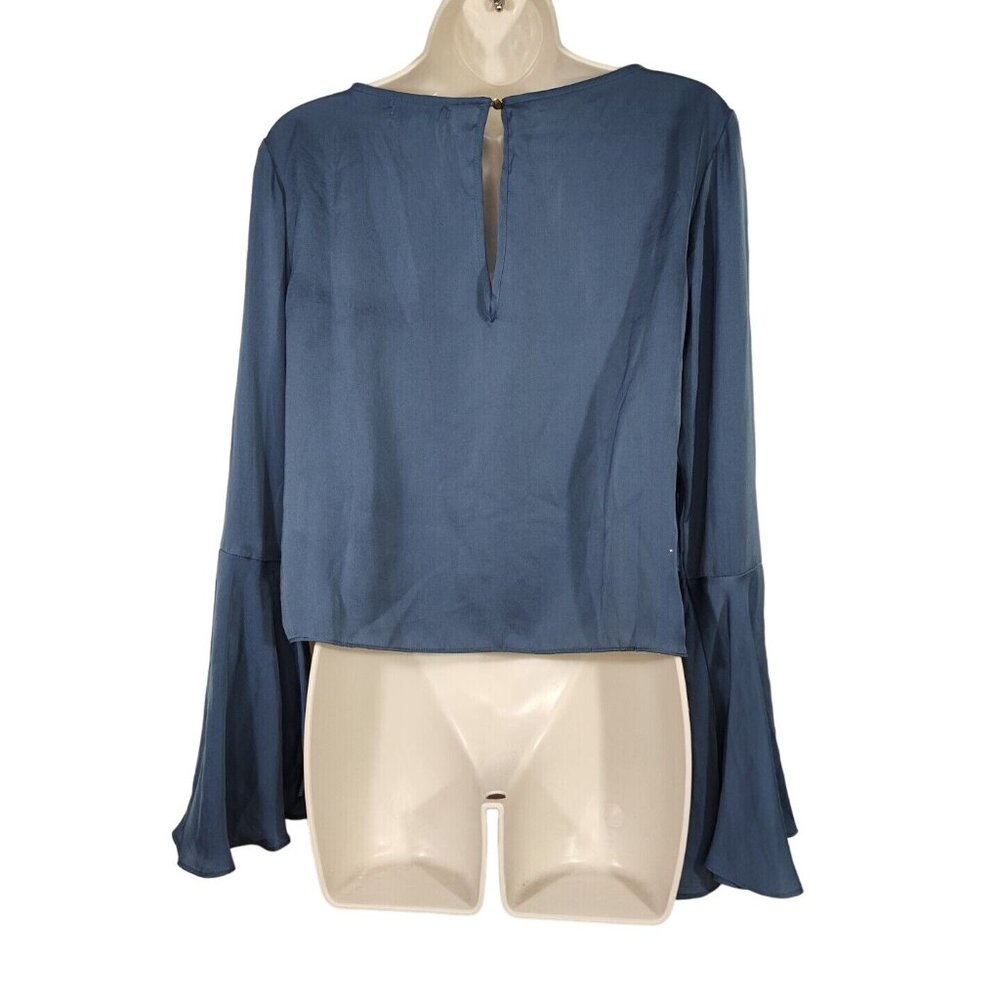 GB Blue Layered Tier Crop Top Shirt Women Size M Long Bell Sleeve Keyhole - Picture 5 of 9